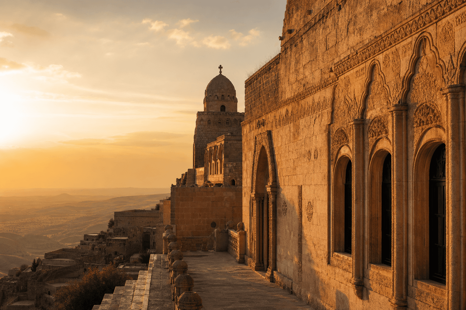 Mardin taş kilisesi atmosferinde amber ve kumtaşı tonlarında Medyum Armağan Hoca Batman gizli danışmanlık görseli